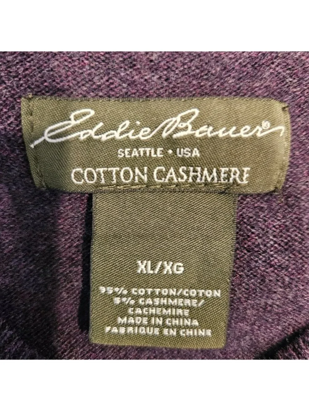 Eddie Bauer Mens Cotton Cashmere V-Neck Sweater XL Purple Long Sleeve Career